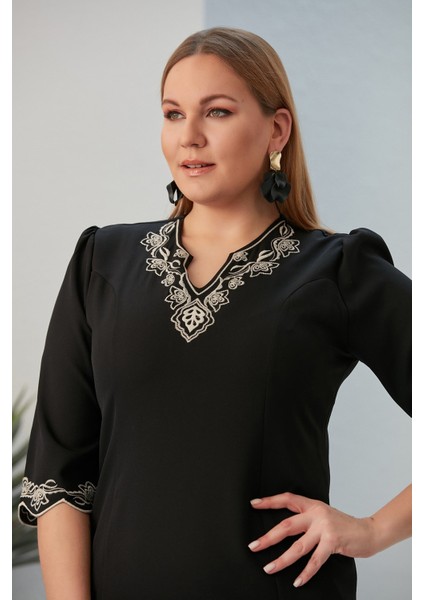 Yaka ve Kol Nakış Detaylı Büyük Beden Siyah Elbise fiyatları