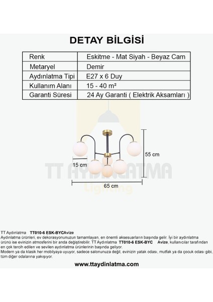 Tt Aydınlatma Eskitme Rengi Kaplama 6 Lı Beyaz Camlı Lüks Avize