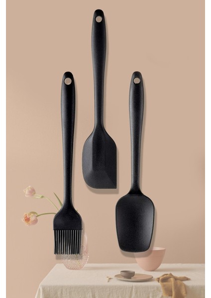 Pratik Lüks Siyah Silikon Spatula Fırça Kaşık Seti | 3'lü Silikon Set | Silikon Fırça Kaşık Spatula