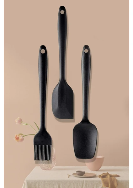 Anadolu Saray Pratik Lüks Siyah Silikon Spatula Fırça Kaşık Seti | 3'lü Silikon Set | Silikon Fırça Kaşık Spatula