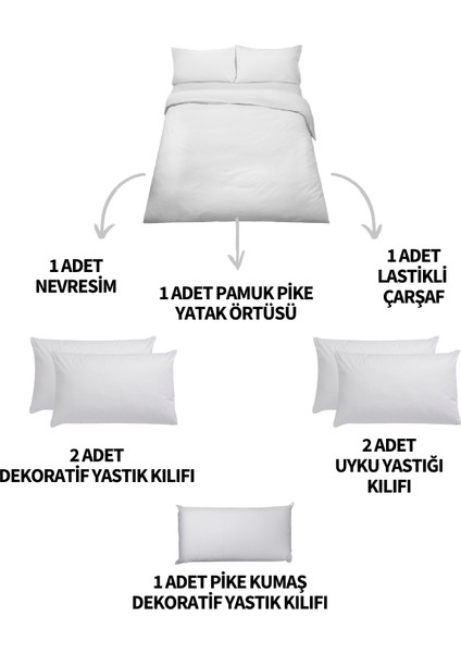 8 Parça Lastikli Çarşaflı, Pamuk Pikeli ve Nakışlı Luna Çift Kişilik Nevresim Takımı fırsatları