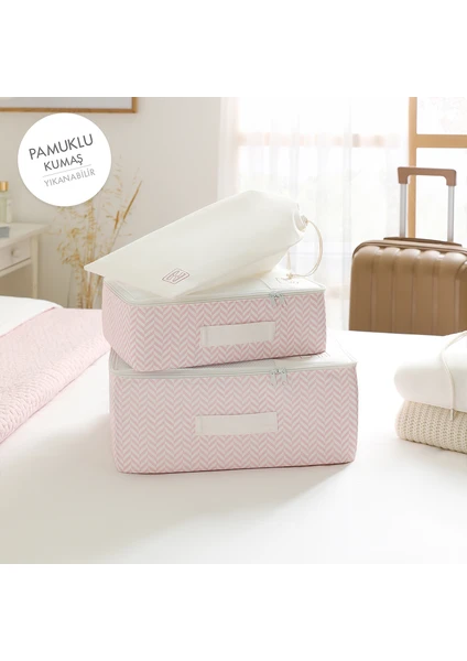 Ocean Home Textile 3'lü Yıkanabilir Pembe Desenli Pamuklu Kumaş Valiz Düzenleyici Bavul İçi Organizer Set