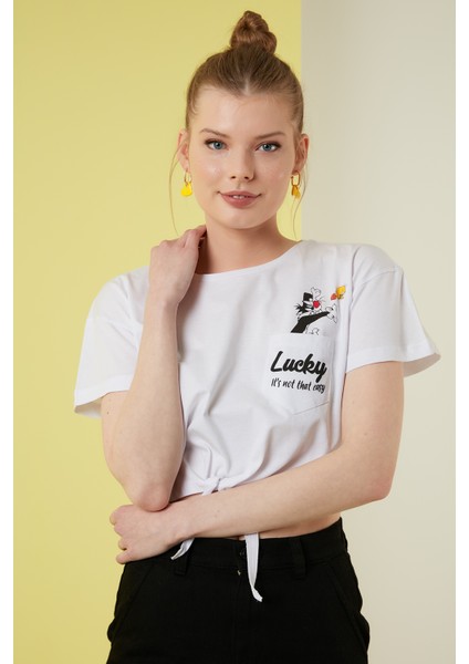 Baskılı Bisiklet Yaka Bağlama Detaylı % 100 Pamuk T Shirt Kadın T Shirt 5411097