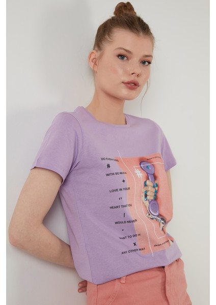 Baskılı Bisiklet Yaka % 100 Pamuk T Shirt Kadın T Shirt 6001003