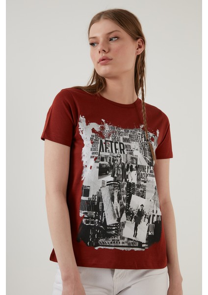 Pamuklu Baskılı Bisiklet Yaka T Shirt Kadın T Shirt 6001004