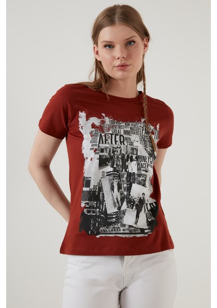 Pamuklu Baskılı Bisiklet Yaka T Shirt Kadın T Shirt 6001004 fiyatları