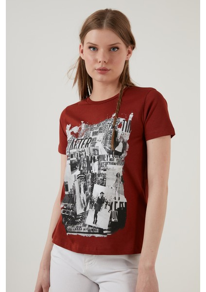 Pamuklu Baskılı Bisiklet Yaka T Shirt Kadın T Shirt 6001004 modelleri