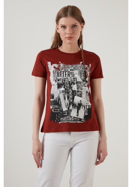 Pamuklu Baskılı Bisiklet Yaka T Shirt Kadın T Shirt 6001004 fırsatları