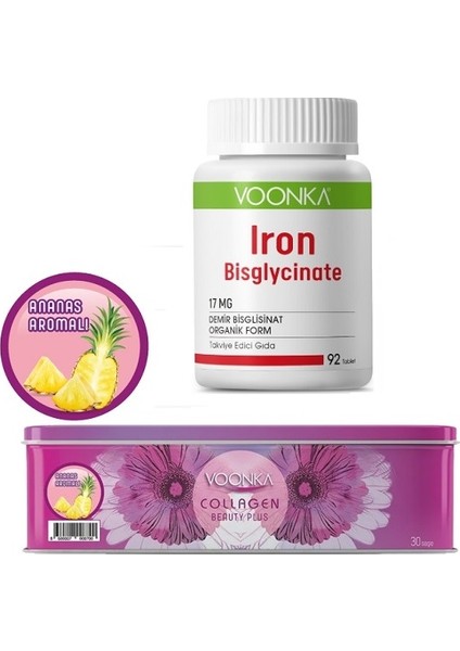 Demir Bisglisinat 17 Mg 92 Tablet + Collagen Beauty Plus 30 Saşe Ananas Aromalı