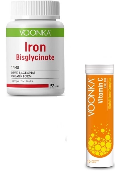 Demir Bisglisinat 17 Mg 92 Tablet + Vitamin C Glutathione Complex 15 Efervesan Tablet