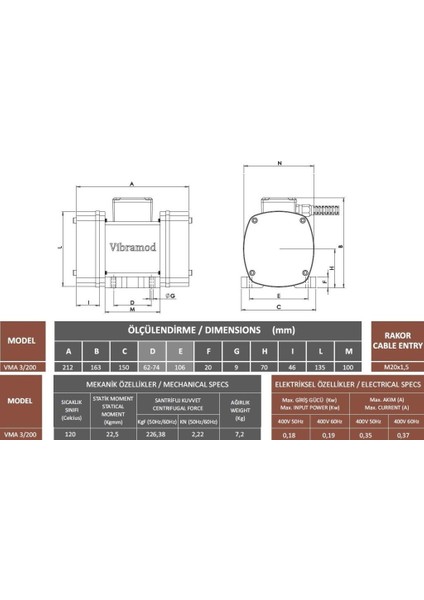 Vma 3/200 Vibrasyon Motoru Trifaze (380V) 3000 Devir 226,38 Kgf 0.18 Kw