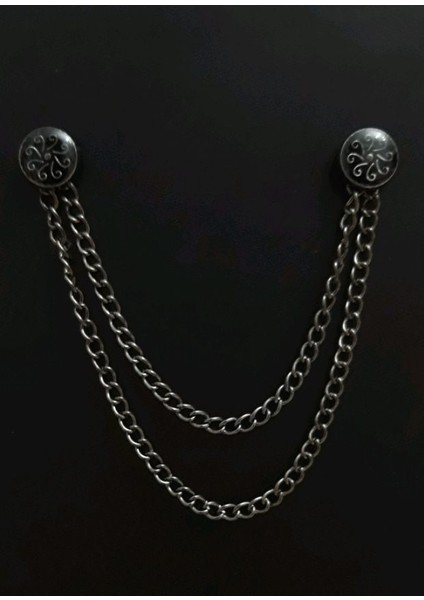 Desenli Gümüş Zincirli Yaka Iğnesi