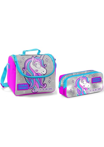 Coral High Beslenme Çantası ve Kalemlik Takım - Gri - Pembe - Unicorn - Kız Çocuk