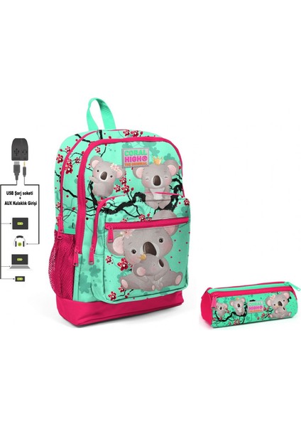 Yeşil Koala Baskılı Ilkokul Sırt Çantası ve Kalemlik Seti - Kız Çocuk - USB Soketli