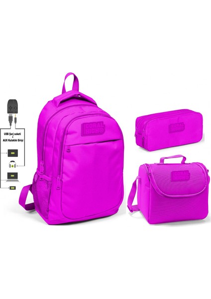 Coral High Kız Çocuk Koyu Pembe 3'lü Çanta Takımı - USB Soketli
