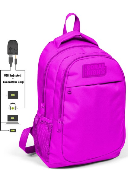 Coral High Kız Çocuk Koyu Pembe 3'lü Çanta Takımı - USB Soketli
