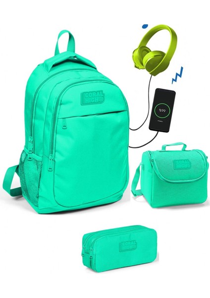 Coral High Kız Çocuk Su Yeşili 3'lü Okul Çantası Takımı USB Soketli Kullanışlı Tasarım