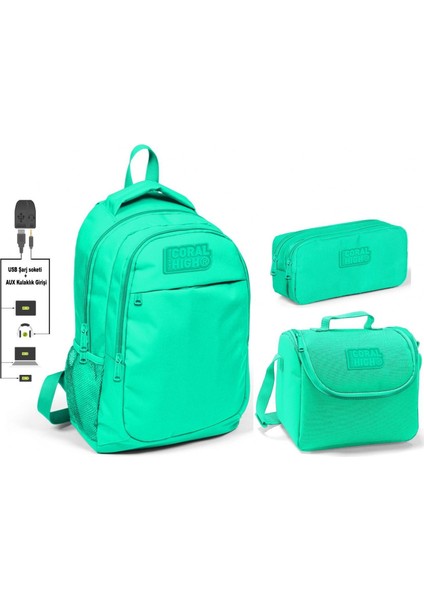Coral High Kız Çocuk Su Yeşili 3'lü Okul Çantası Takımı USB Soketli Kullanışlı Tasarım fiyatları