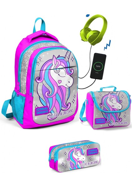 Coral High Kız Çocuk Pembe Unicorn 3'lü Çanta Takımı - USB Soketli
