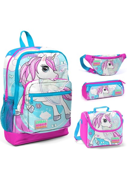 Pembe-Mavi Unicorn Baskılı Kız Çocuk 4'lü Ilkokul Çanta Seti