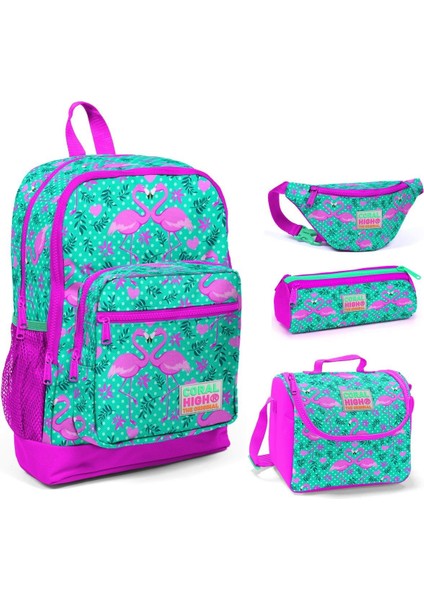 Pembe-Yeşil Flamingolar Baskılı Kız Çocuk 4'lü Ilkokul Çanta Seti