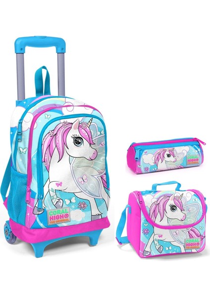 Mavi Unicorn Kız Çocuk Çekçek Çanta Seti - Işıklı Tekerlekler