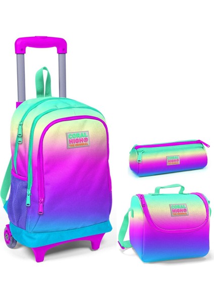 Pembe - Yeşil - Mavi Kız Çocuk Çekçek Çanta Seti - Işıklı Tekerlekler