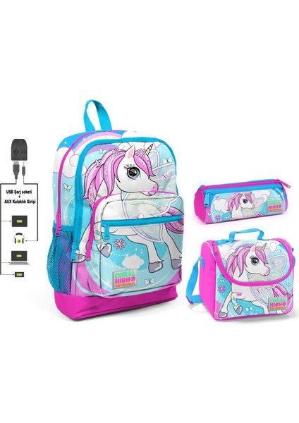 Unicorn Baskılı Kız Çocuk Ilkokul Çanta Seti - USB Çıkışlı