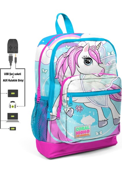 Unicorn Baskılı Kız Çocuk Ilkokul Çanta Seti - USB Çıkışlı