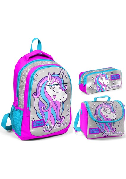Coral High Pembe Gri Unicorn Kız Çocuk Ilkokul Çanta Seti - Sırt Çantası+Beslenme+Kalemlik