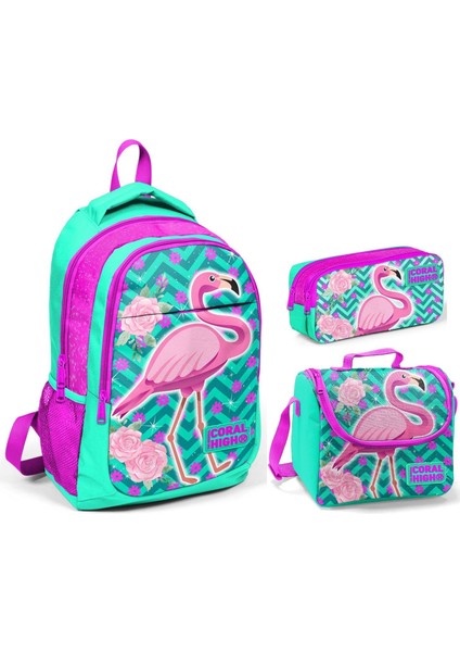 Coral High Yeşil Flamingo Kız Çocuk Ilkokul Çanta Seti - Sırt Çantası+Beslenme+Kalemlik