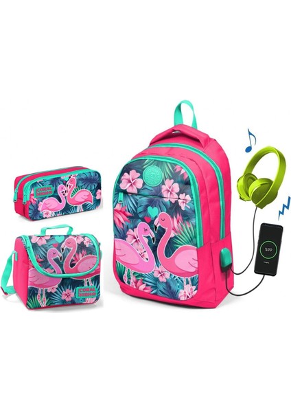 Coral High Kız Çocuk Narçiçeği Flamingo 3'lü Çanta Takımı - USB Soketli