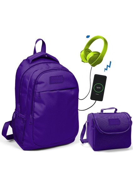 Coral High Mor Okul ve Beslenme Çantası - Kız Çocuk - USB Soketli