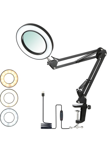 8x Büyüteçli Esnek Kelepçeli Masa Lambası Salıncak Kolu Kısılabilir Led'ler Masa Lambası 3 Renk Modu ve 10 Parlaklık Seviyesi (Yurt Dışından) modelleri