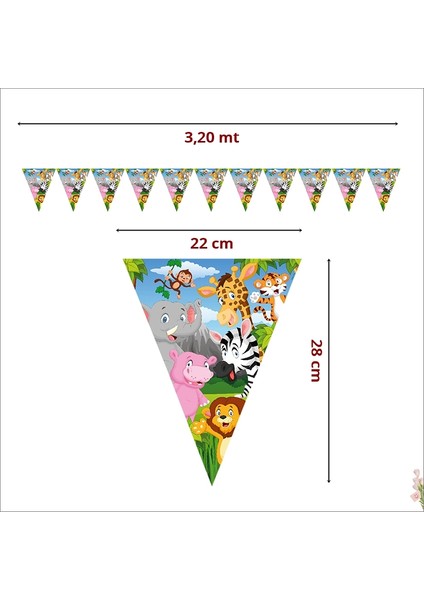 Safari Sevimli Hayvanlar Üçgen Bayrak Flama - 3,2 mt