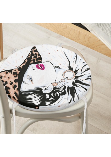 Real Homes Şapkalı Fashion Girl Desenli Yuvarlak Fermuarlı Sandalye Minderi