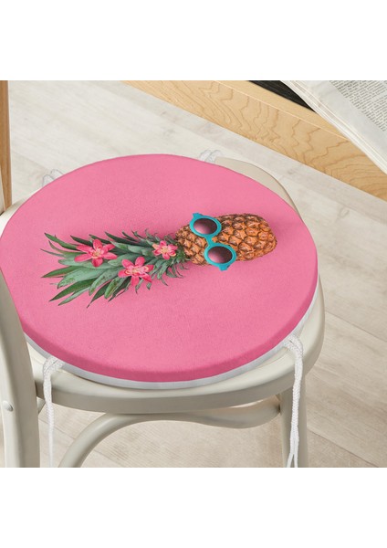 Real Homes Fuşya Zeminli Ananas Desenli Modern Yuvarlak Fermuarlı Sandalye Minderi