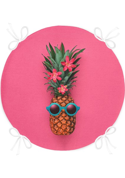 Real Homes Fuşya Zeminli Ananas Desenli Modern Yuvarlak Fermuarlı Sandalye Minderi fırsatları