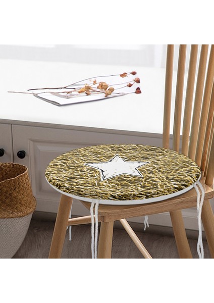 Real Homes Gold Zeminli Beyaz Yıldız Desenli Dijital Baskılı Modern Yuvarlak Fermuarlı Sandalye Minderi modelleri