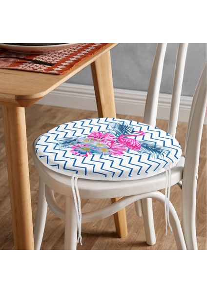 Real Homes Zikzak Zeminli Flamingo Dijital Baskılı Yuvarlak Fermuarlı Sandalye Minderi