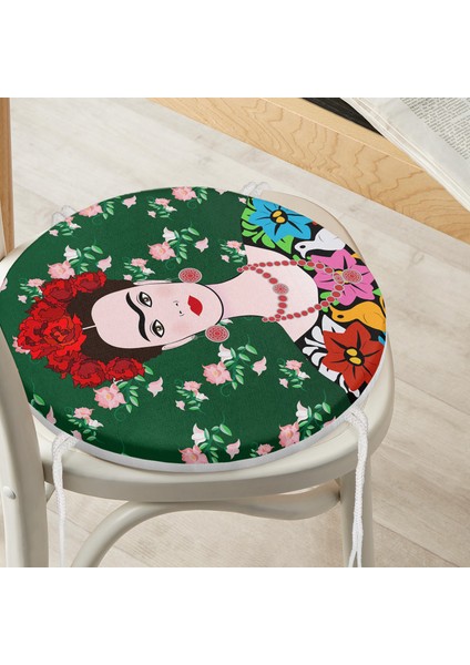 Real Homes Yeşil Zeminde Frida Kahlo Motifli Özel Tasarım Yuvarlak Fermuarlı Sandalye Minderi