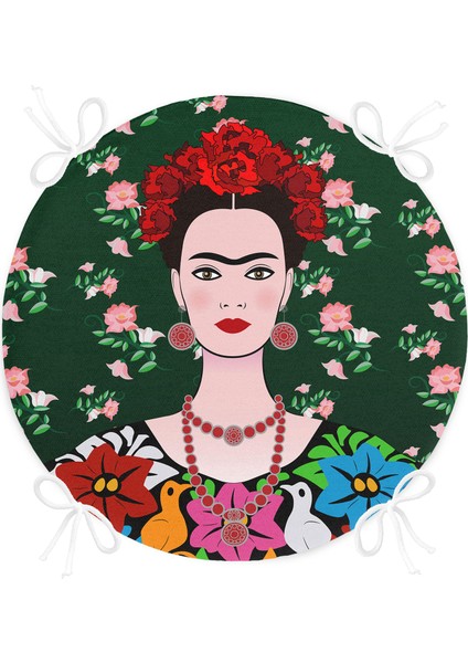 Real Homes Yeşil Zeminde Frida Kahlo Motifli Özel Tasarım Yuvarlak Fermuarlı Sandalye Minderi fırsatları