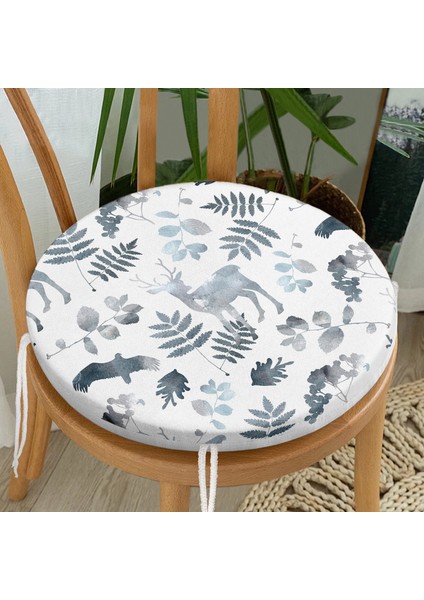 Real Homes Realhomes Beyaz Zeminli Geyik ve Yaprak Motifleri Dijital Baskılı Modern Yuvarlak Fermuarlı Sandalye Minderi