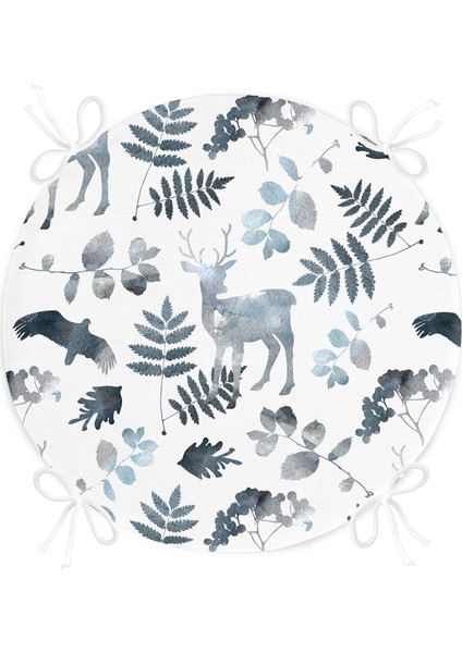 Real Homes Realhomes Beyaz Zeminli Geyik ve Yaprak Motifleri Dijital Baskılı Modern Yuvarlak Fermuarlı Sandalye Minderi fırsatları