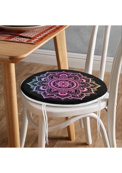 Real Homes Siyah Zeminde Pembe Mavi Mandala Desenli Özel Tasarım Yuvarlak Fermuarlı Sandalye Minderi