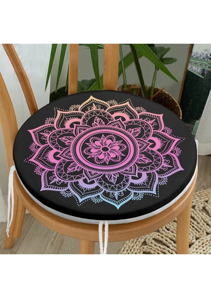 Real Homes Siyah Zeminde Pembe Mavi Mandala Desenli Özel Tasarım Yuvarlak Fermuarlı Sandalye Minderi fiyatları