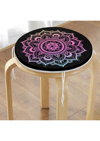 Real Homes Siyah Zeminde Pembe Mavi Mandala Desenli Özel Tasarım Yuvarlak Fermuarlı Sandalye Minderi modelleri