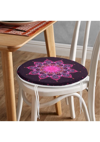 Real Homes Siyah Zeminde Pembe Neon Mandala Desenli Yuvarlak Fermuarlı Sandalye Minderi fiyatları