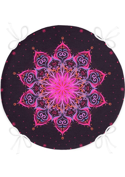 Real Homes Siyah Zeminde Pembe Neon Mandala Desenli Yuvarlak Fermuarlı Sandalye Minderi fırsatları