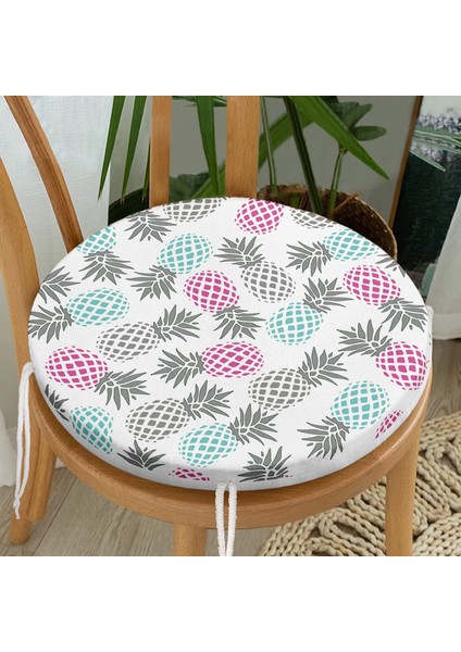 Real Homes Beyaz Zeminde Ananas Motifli Dijital Baskılı Yuvarlak Fermuarlı Sandalye Minderi